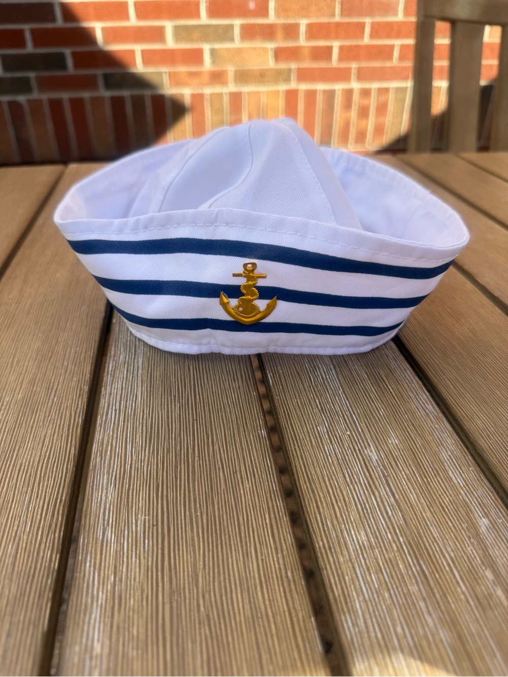 White Navy Stripe Sailor Captain Hat Gold Anchor Nautical Costume